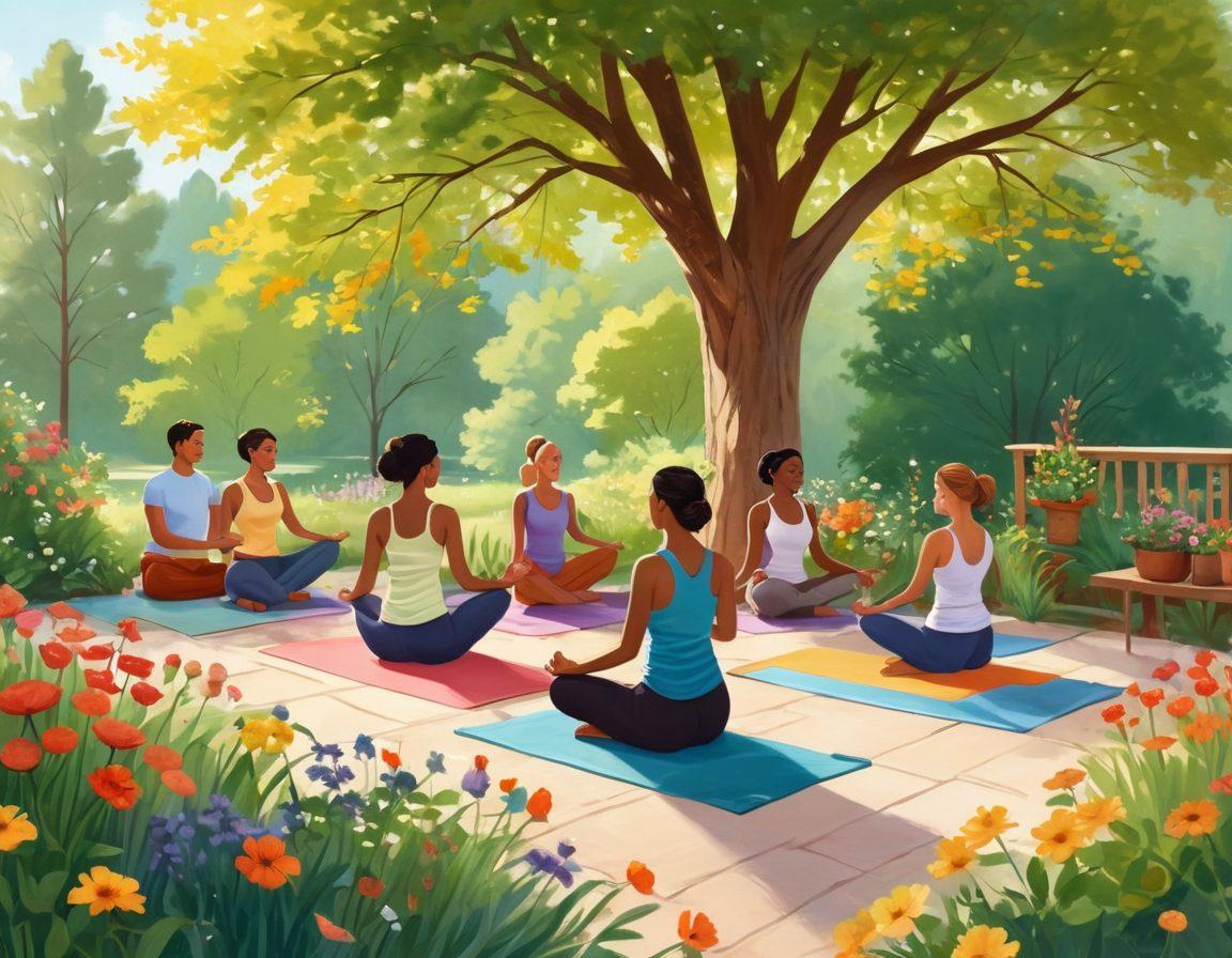 A heartwarming scene depicting diverse couples engaging in various supportive community activities, such as cooking together, participating in a group yoga class, and sharing stories in a cozy outdoor setting. Incorporate elements of nature, like trees and flowers, to symbolize growth and connection among the couples. Warm, inviting colors should create a sense of togetherness and harmony. vibrant colors. illustration.