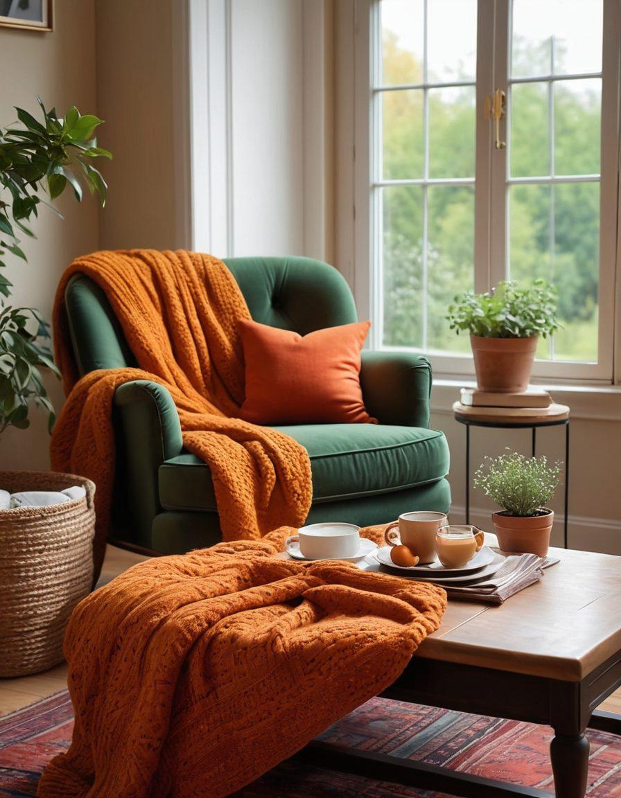 A cozy, inviting living room filled with warm colors, showcasing a beautiful vintage armchair, soft cushions, and a knit blanket draped over a coffee table with charming decor. In the background, large windows open to a lush, green garden that symbolizes strong community ties. Subtle heart motifs can be incorporated in the decor, emphasizing love and connection. The scene should evoke feelings of warmth and safety, perfect for creating emotional bonds. super-realistic. vibrant colors. cozy atmosphere.