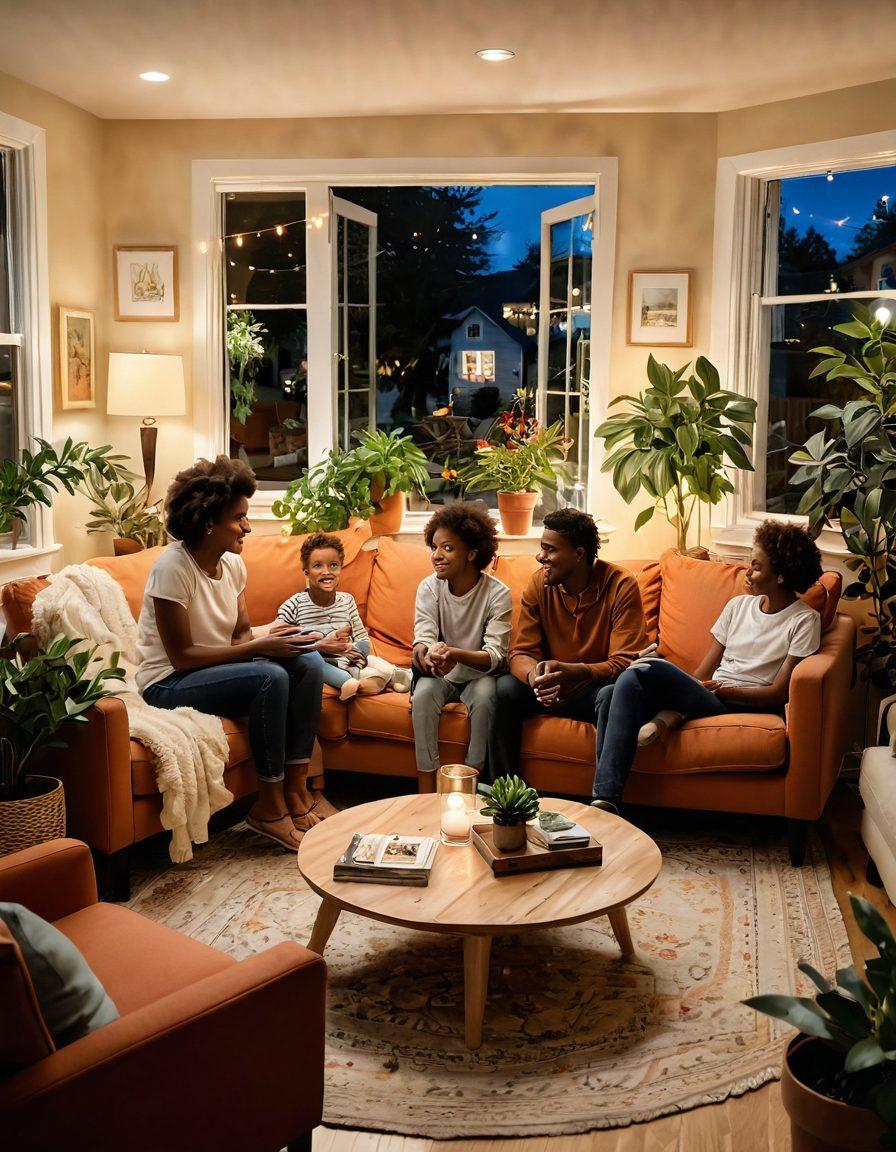 A cozy living room filled with warm lighting, showcasing diverse people of different backgrounds sharing heartfelt conversations, with plants and family photos in the background. Outside a bright neighborhood with children playing and neighbors talking, symbolizing community bonds. Soft, inviting colors with an emphasis on warmth and connection. super-realistic. vibrant colors.